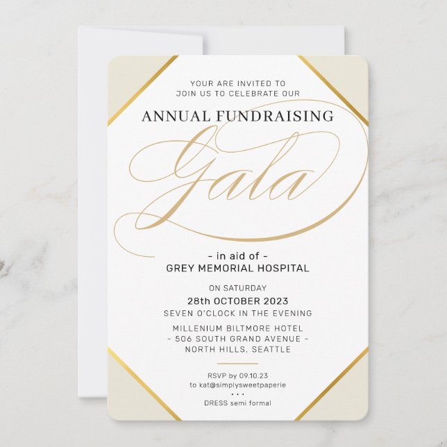 FUNDRAISING GALA elegant modern event ivory gold Invitation (Front)