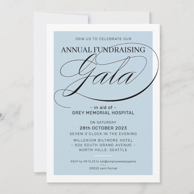 FUNDRAISING GALA event fancy elegant pale blue Invitation (Front)