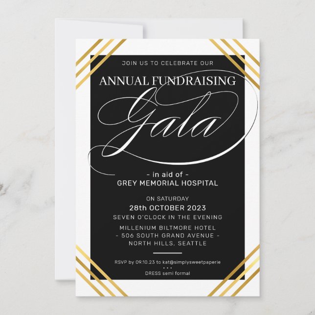 FUNDRAISING GALA event fancy gold frame black Invitation (Front)