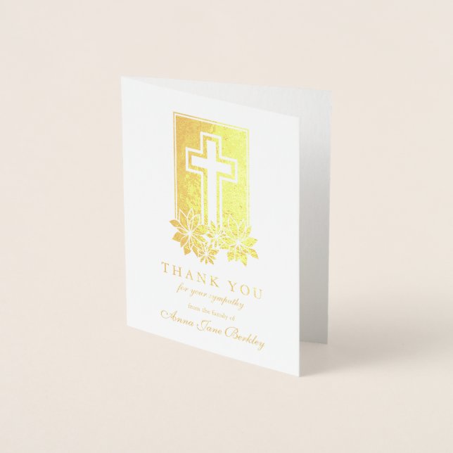 Funérailles Merci Cartes Floral Cross 1 Gold Foil (Devant)