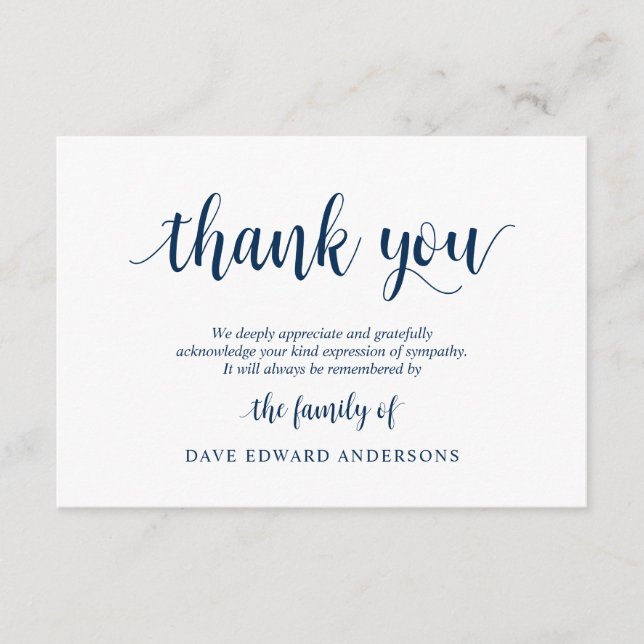 Funérailles Merci Note Carte Bereavement, Navy Blu (Devant)