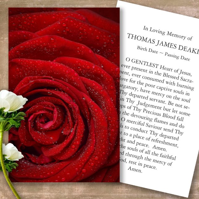 Funérailles Rouge Rose Memorial Prière Cartes de S (Forever in our hearts, celebration of life, in loving memory of, prayer cards for bereavement)