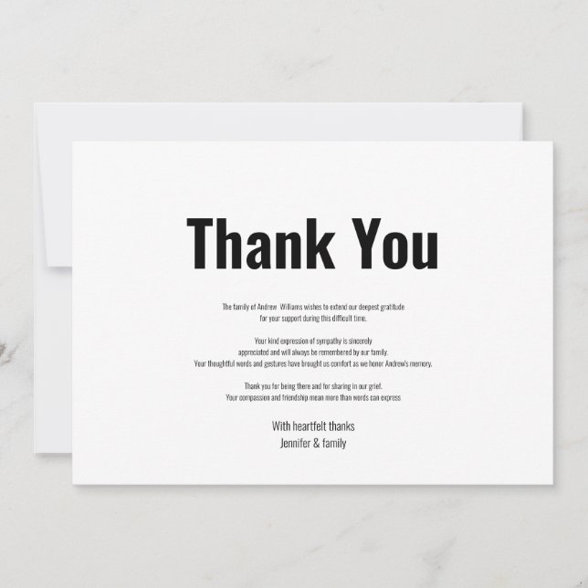 Funeral Bereavement Simple Black & White Thank You Card (Front)