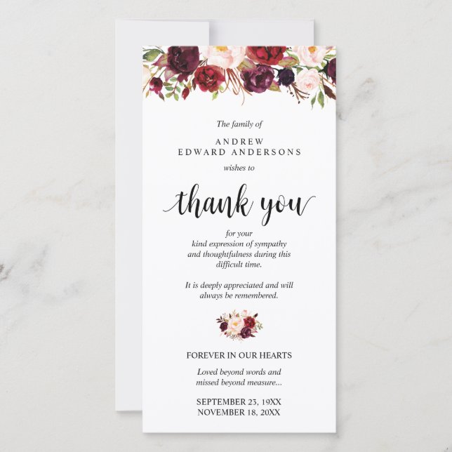 Funeral, Bereavement, Sympathy Burgundy Floral Thank You Card (Front)