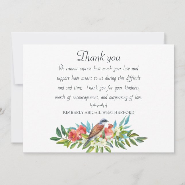 Funeral Bird and Pomegranate Thank You Card (Front)