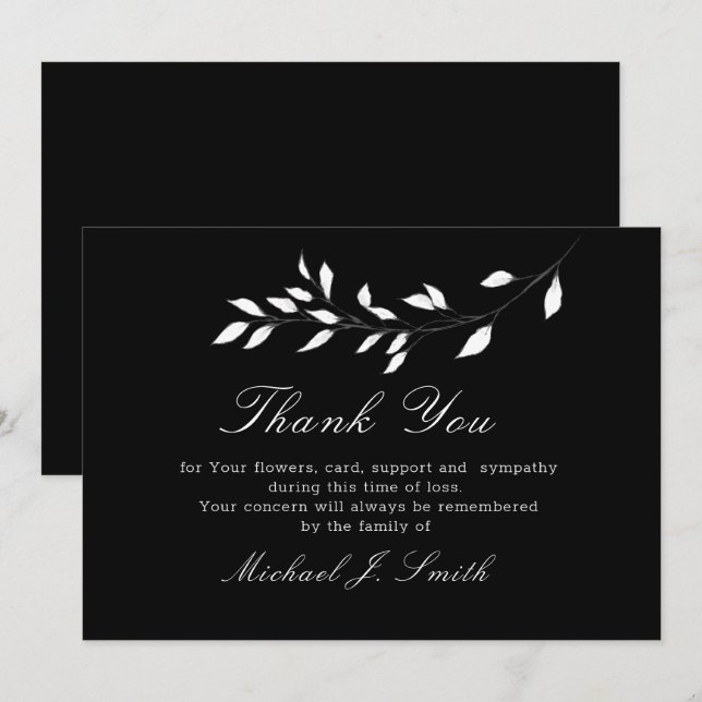 Funeral Black Elegant Floral Thank You Card (Front/Back)