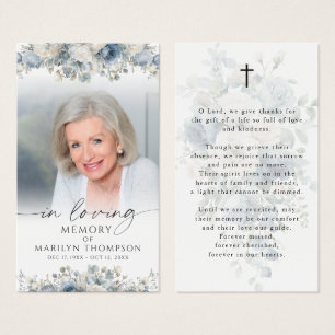 Funeral Blue Floral Photo Sympathy Prayer Card
