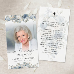 Funeral Blue Floral Photo Sympathy Prayer Card