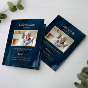 Funeral Blue & Gold Calligraphy  Memorial Program