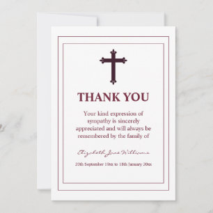 Funeral Burgundy Cross and Boarder Thank You Card