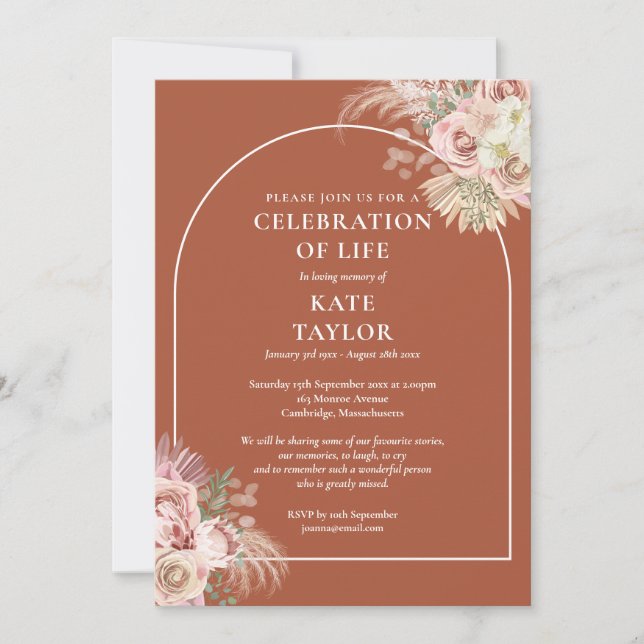 Funeral Celebration of Life Floral Pampas Grass  Invitation (Front)