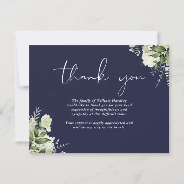 Funeral Celebration Of Life Greenery Navy Blue Thank You Card (Front)