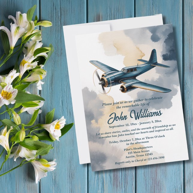 Funeral Celebration of Life Memorial Airplane Blue Invitation (Creator Uploaded)