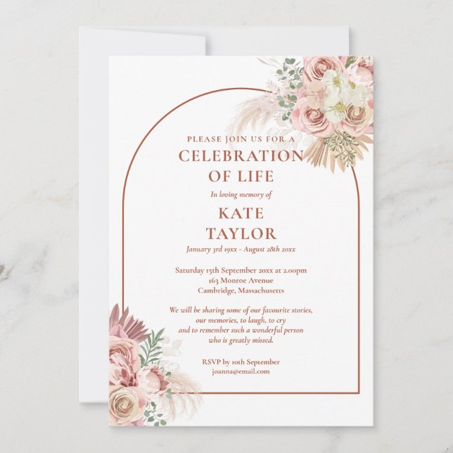 Funeral Celebration of Life Pampas Grass Floral Invitation (Front)