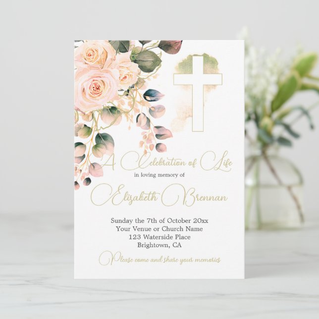 Funeral Christian Floral Elegant Rose  Invitation (Standing Front)