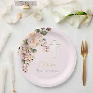 Funeral Christian Photo Elegant Rose  Paper Plate