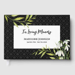 Funeral Classic Elegant Snowdrops Laurel Damask Guest Book