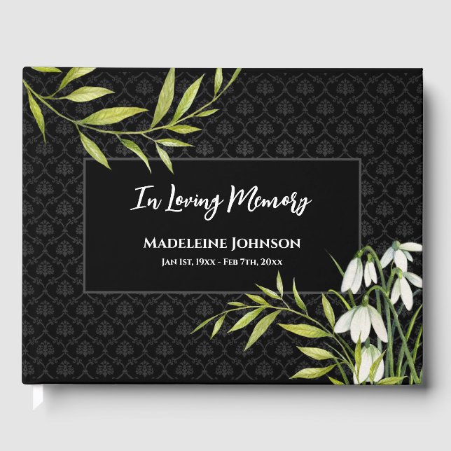 Funeral Classic Elegant Snowdrops Laurel Damask Guest Book (Front)