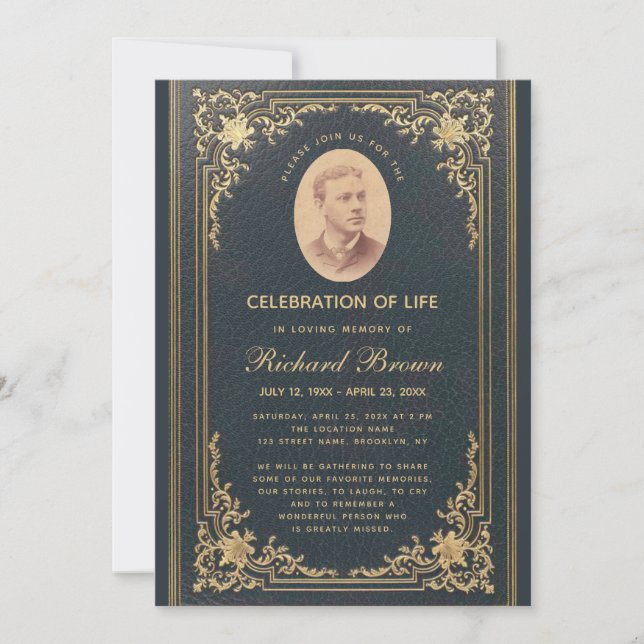 Funeral Elegant Vintage Blue Gold Photo Invitation (Front)