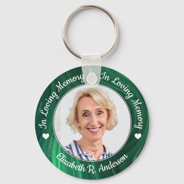 Funeral Emerald Green Marble Photo Memorial Keychain (Front)