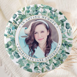 Funeral Eucalyptus Personalized Photo Memorial  3 Inch Round Button<br><div class="desc">Honour your loved one with a custom photo memorial funeral button. This funeral button features elegant eucalyptus greenery wreath, with your custom photo. Quote "In Loving Memory". Customize with favourite photo, and name. Perfect for funeral favours, celebration of life events and memorial services. COPYRIGHT © 2020 Judy Burrows, Black Dog...</div>
