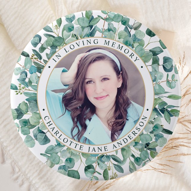 Funeral Eucalyptus Personalized Photo Memorial  3 Inch Round Button (Creator Uploaded)