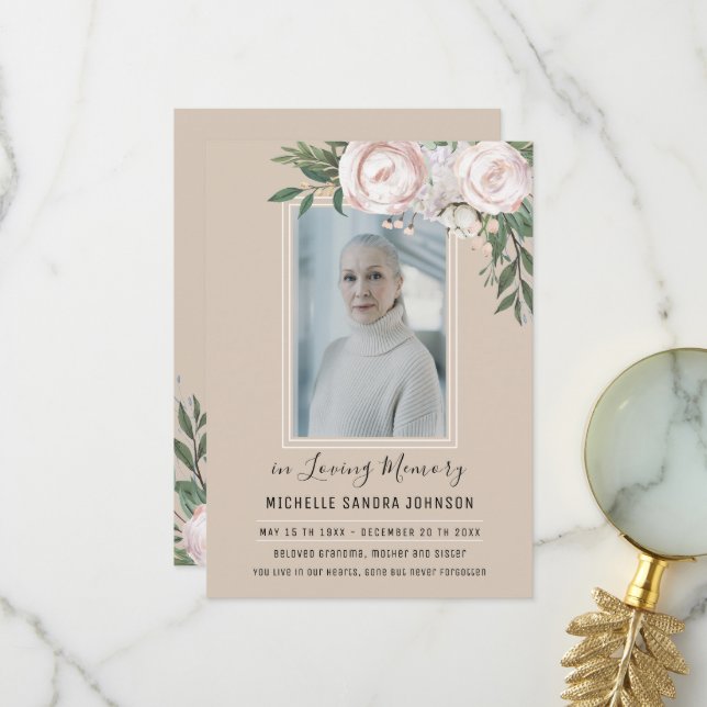 Funeral Floral Beige Photo Memorial Program (Front/Back In Situ)