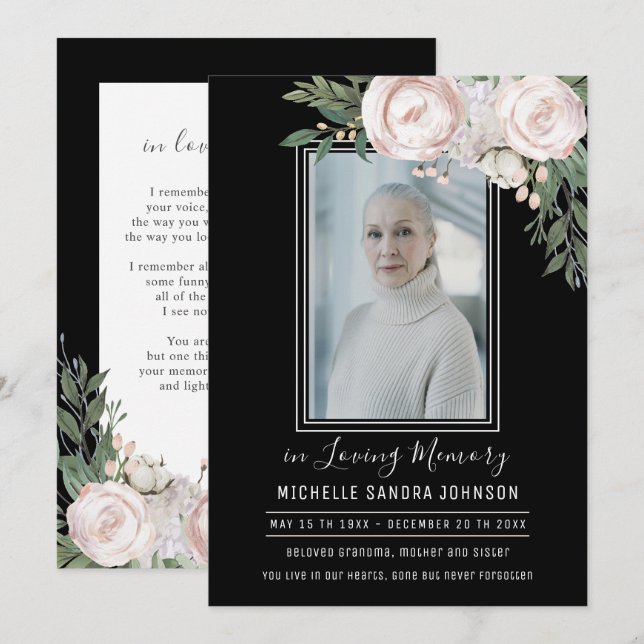 Funeral Floral Black Photo Memorial Prayer Card (Front/Back)
