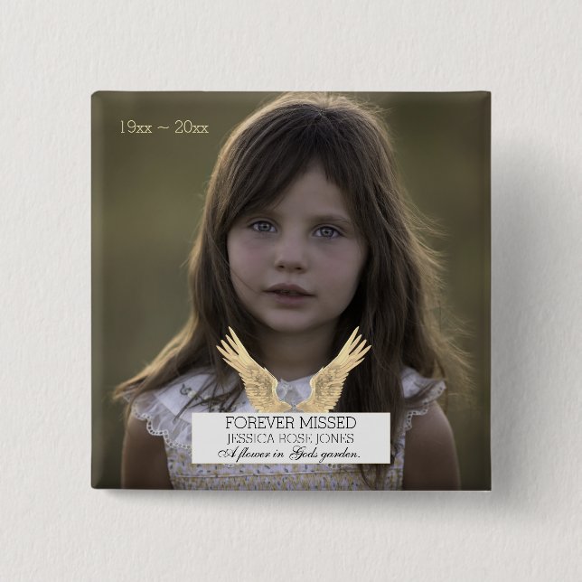 Funeral Forever Missed Rememberance Angel Wings 2 Inch Square Button (Front)