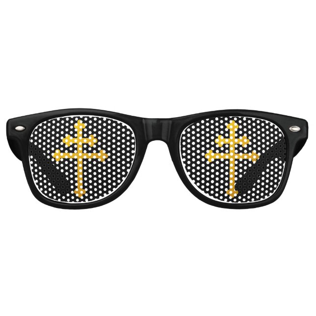 Funeral & Gold Lorraine Cross on Black / Church Retro Sunglasses (Front)