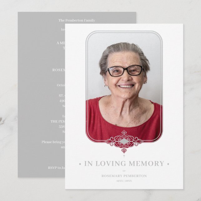 Funeral Grey Ornamental Lace Effect Photo Invitation (Front/Back)