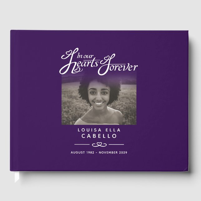 Funeral guest book in our hearts purple white text (Front)