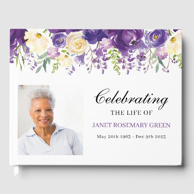 Funeral Guest Book with Purple and Cream Flowers (Front)