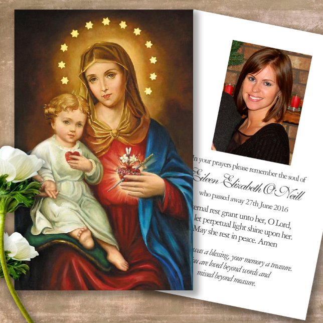 Funeral Heart Mary Memorial Prayer Sympathy Cards (catholic, religious, celebration of life, in loving memory of, prayer cards for bereavement)