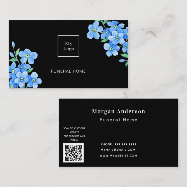 Funeral home service black blue floral QR code Business Card (Front/Back)