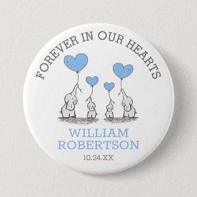 Funeral In Loving Memory | Blue Hearts Elephants 3 Inch Round Button (Front)