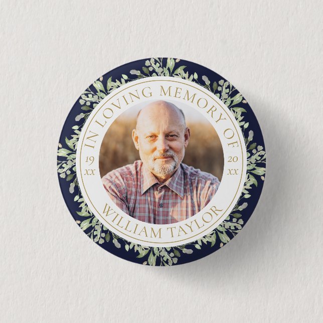 Funeral In Loving Memory Greenery Photo 1 Inch Round Button (Front)