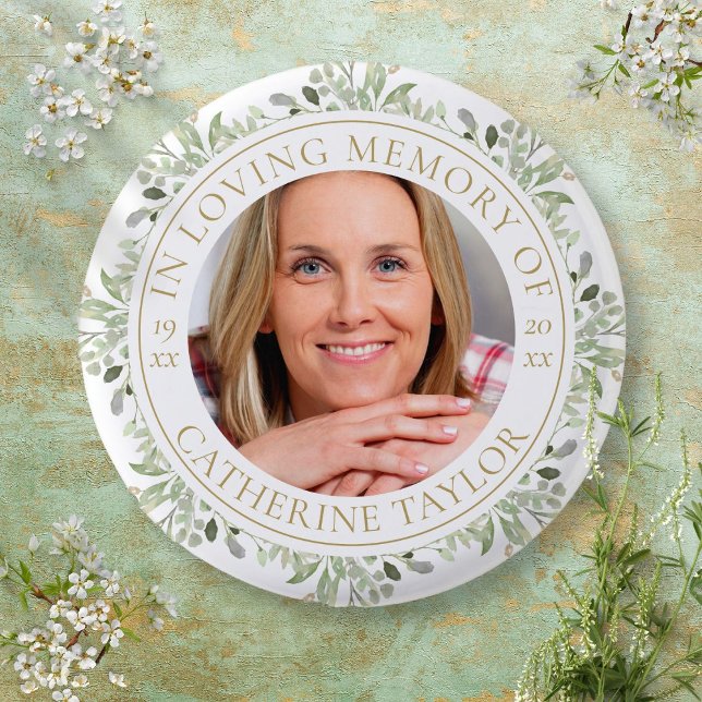 Funeral In Loving Memory Greenery Photo 1 Inch Round Button (Creator Uploaded)