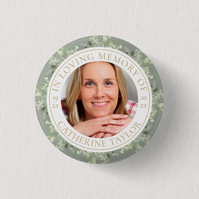 Funeral In Loving Memory Greenery Photo 1 Inch Round Button (Front)