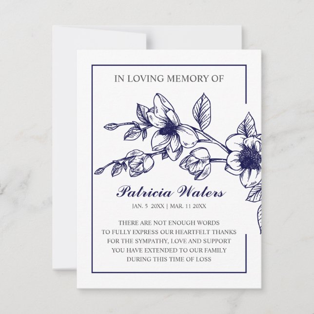 Funeral In loving memory Photo | Navy Magnolia Thank You Card (Front)