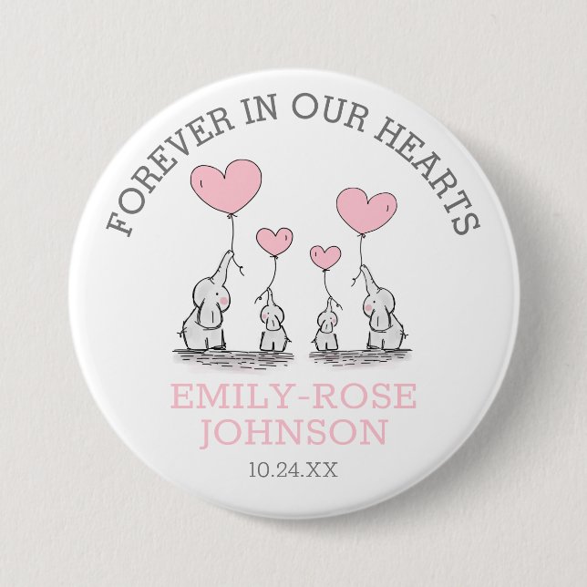 Funeral In Loving Memory | Pink Hearts Elephants 3 Inch Round Button (Front)