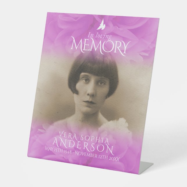 Funeral in loving memory rose purple pink pedestal sign (Front)