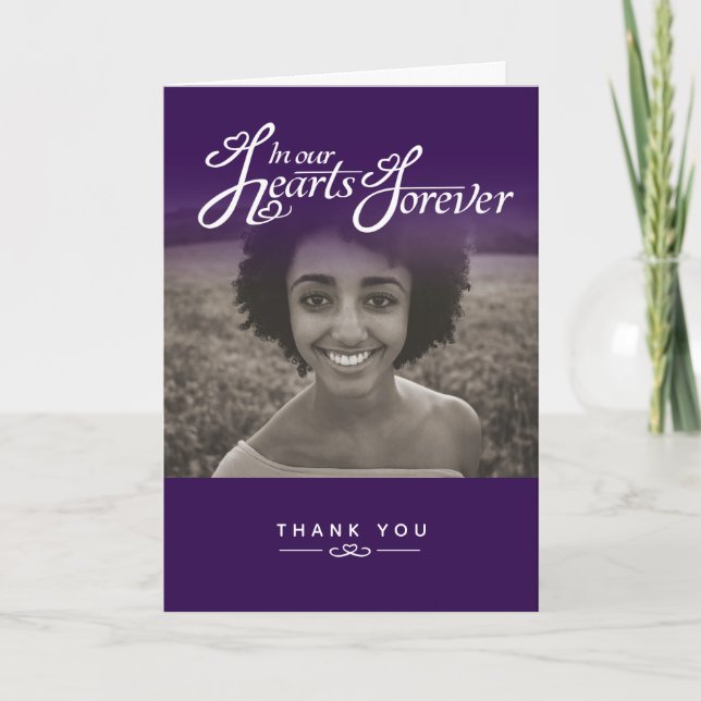 Funeral in our hearts purple thank you cards (Front)