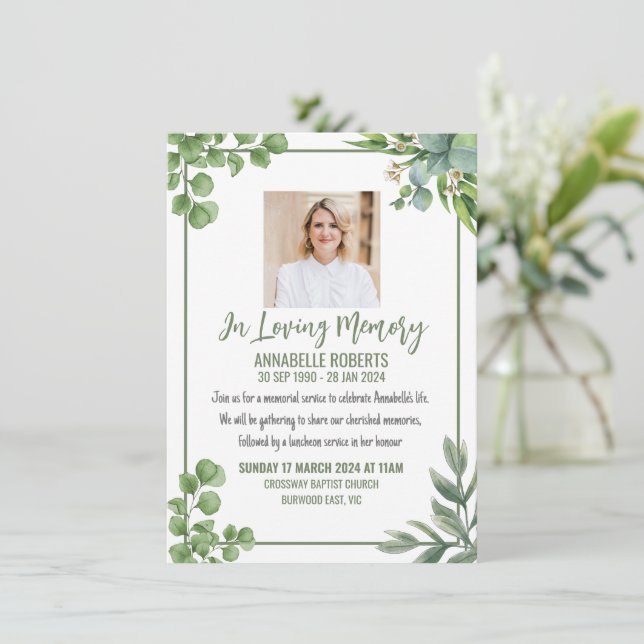 Funeral Invitation with eucalyptus leaves (Standing Front)