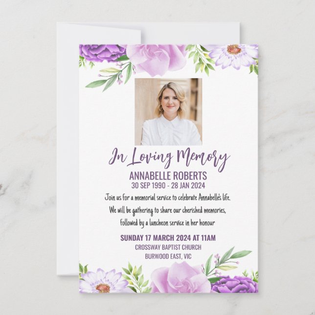 Funeral Invitation with Purple and Pink Flowers (Front)