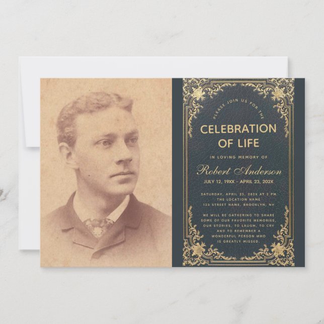 Funeral Life Celebration Photo Vintage Blue Gold Invitation (Front)