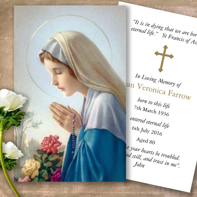 Funeral Loss Virgin Mary Prayer Sympathy Cards (catholic, religious, celebration of life, in loving memory of, prayer cards for bereavement)
