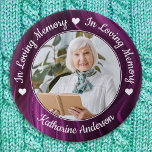 Funeral Loving Memory Custom Photo Purple Memorial 3 Inch Round Button<br><div class="desc">Honour your loved one with a custom photo memorial funeral button. This unique memorial keepsake funeral button is the perfect gift for yourself, family or friends to pay tribute to your loved one. We hope your memorial button will bring you peace, joy and happy memories. Quote "In Loving Memory". Customize...</div>