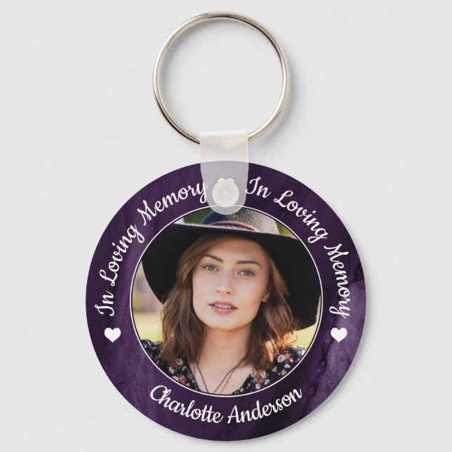 Funeral Loving Memory Photo Purple Marble Memorial Keychain (Front)