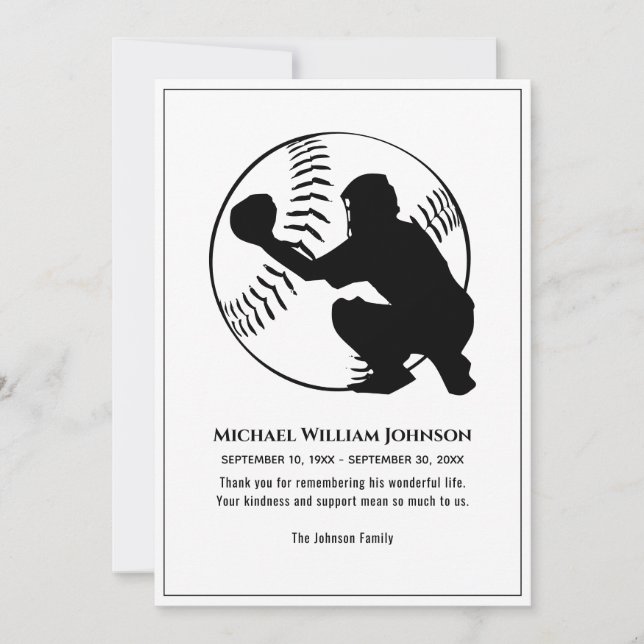 Funeral Memorial Black And White Baseball Catcher Thank You Card (Front)